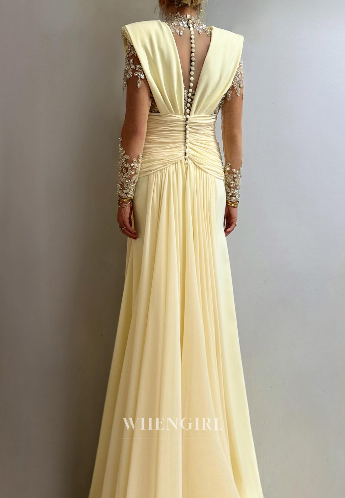 Yellow Beaded High Neck Long Sleeves Pleated Column Button Evening Dress