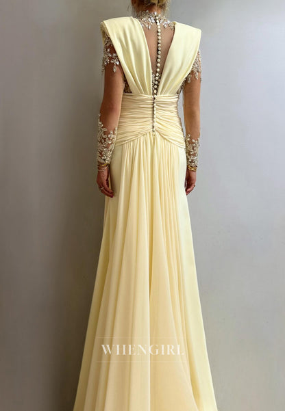 Yellow Beaded High Neck Long Sleeves Pleated Column Button Evening Dress