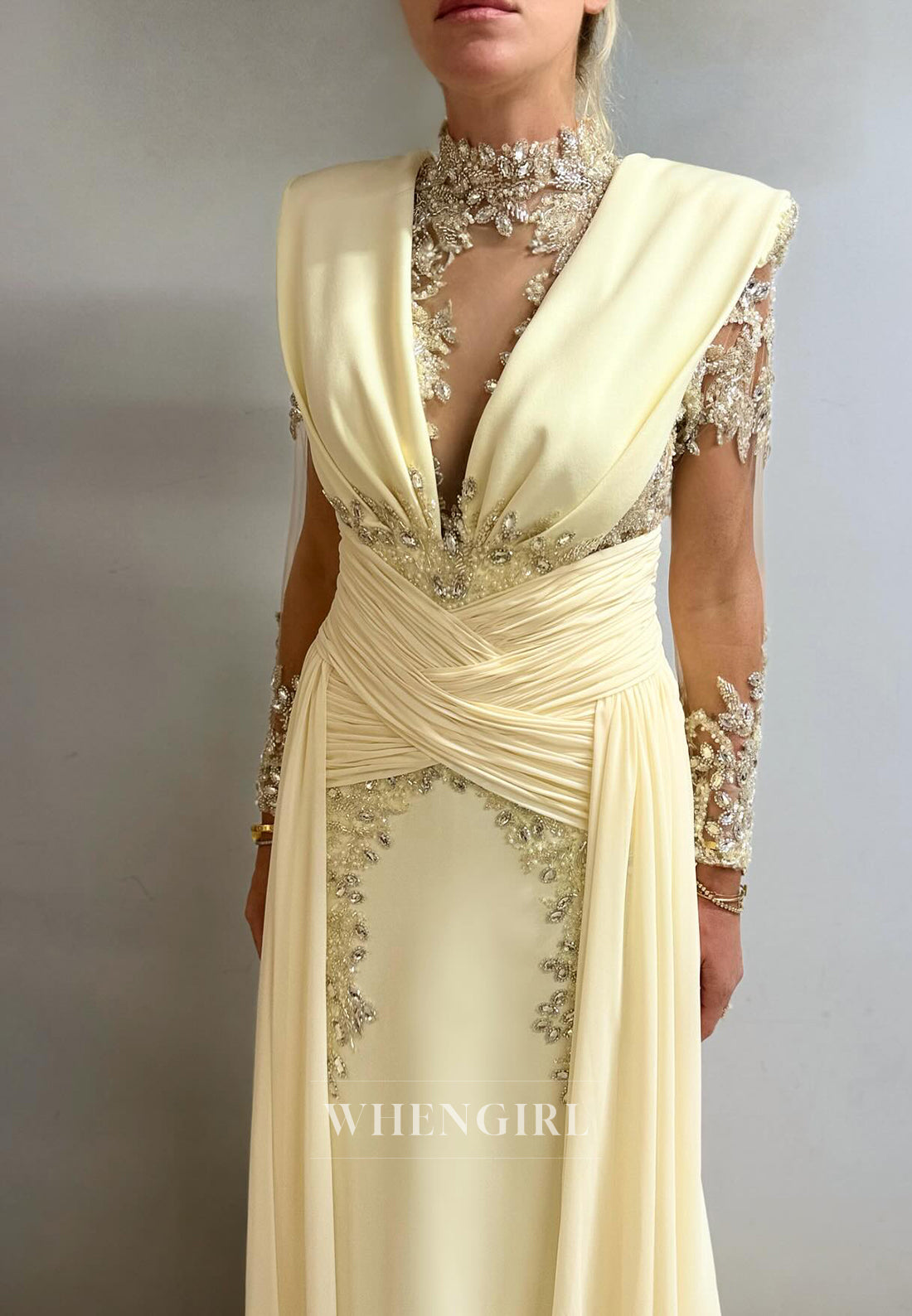 Yellow Beaded High Neck Long Sleeves Pleated Column Button Evening Dress