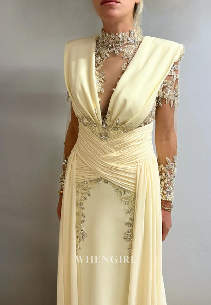 Yellow Beaded High Neck Long Sleeves Pleated Column Button Evening Dress