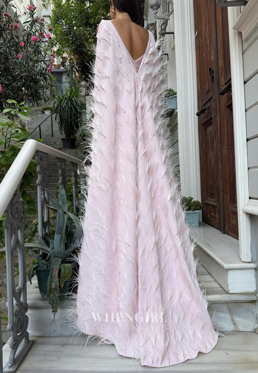 Pale Blush Regular Straps Scoop Neck Beaded Feather Sweep Train Sheath Evening Gown