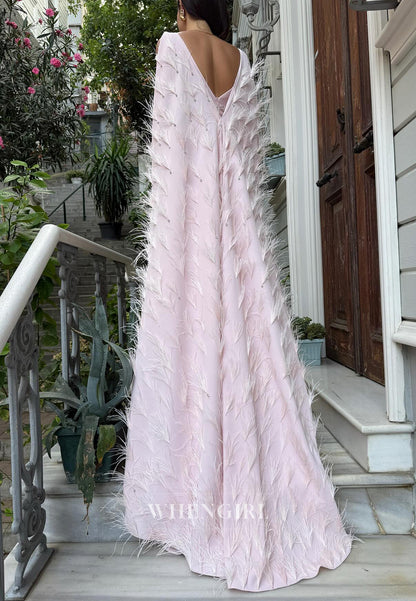 Pale Blush Regular Straps Scoop Neck Beaded Feather Sweep Train Sheath Evening Gown