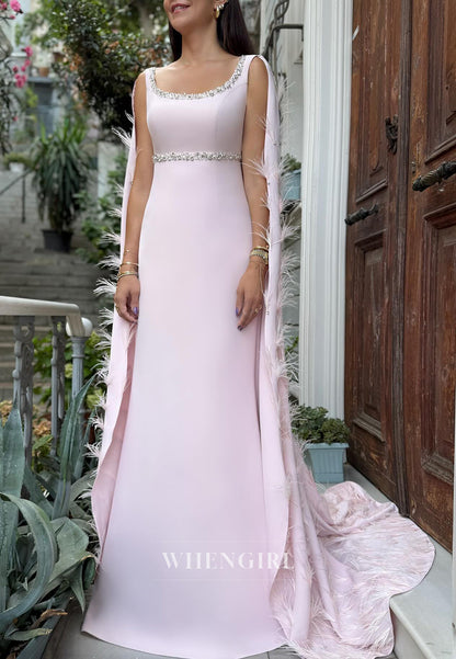 Pale Blush Regular Straps Scoop Neck Beaded Feather Sweep Train Sheath Evening Gown