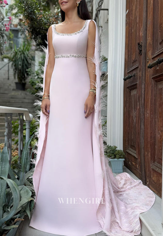 Pale Blush Regular Straps Scoop Neck Beaded Feather Sweep Train Sheath Evening Gown