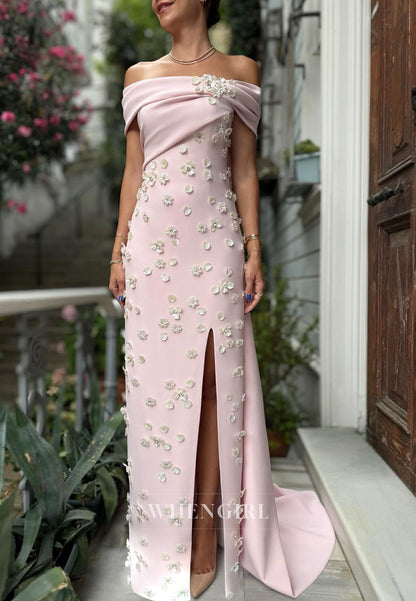 Pink Sheath Off Shoulder Side Slit Floral Evening Formal Dress with Shawl