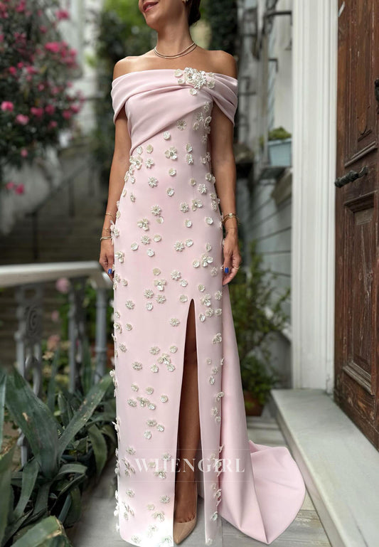 Pink Sheath Off Shoulder Side Slit Floral Evening Formal Dress with Shawl