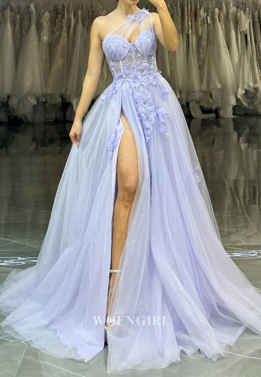Glamorous A-Line One Shoulder High Slit Pleated Glitter Party Prom Dress with Appliques