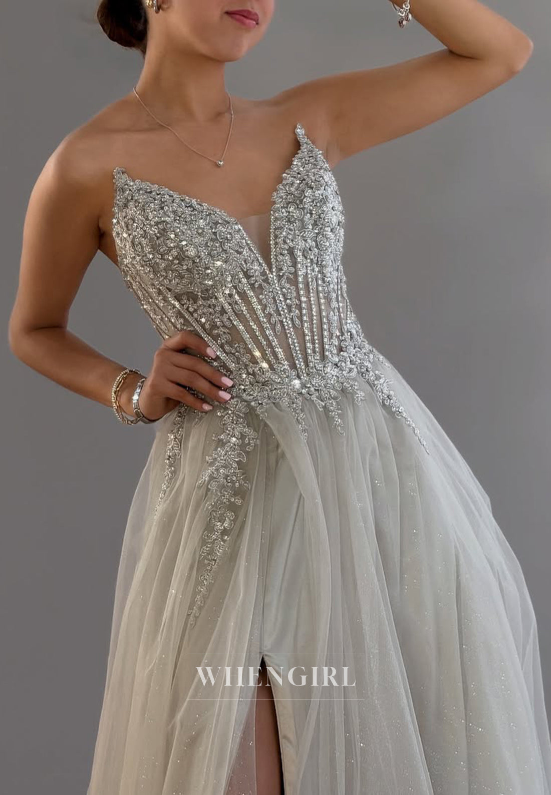 Silver Side Slit V-Neck Tie Back Prom Dress A-Line Beaded Strapless Tulle Evening Gown