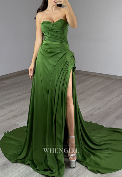 Emerald Sheath Sleeveless Pleated Side SLit Court Train Sweetheart Formal Evening Dress