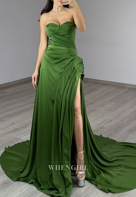Emerald Sheath Sleeveless Pleated Side SLit Court Train Sweetheart Formal Evening Dress