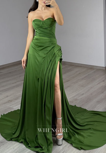 Moss Sheath Sweetheart Sleeveles Pleated Side Slit Court Train Prom Dress