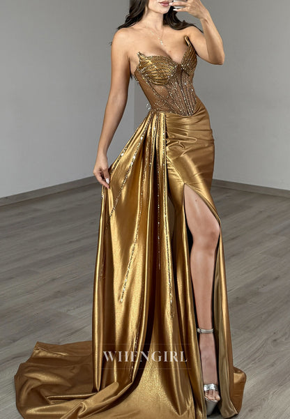 Gold Sweetheart Sleeveless Side Slit Beaded Sweep Train Evening Formal Dress