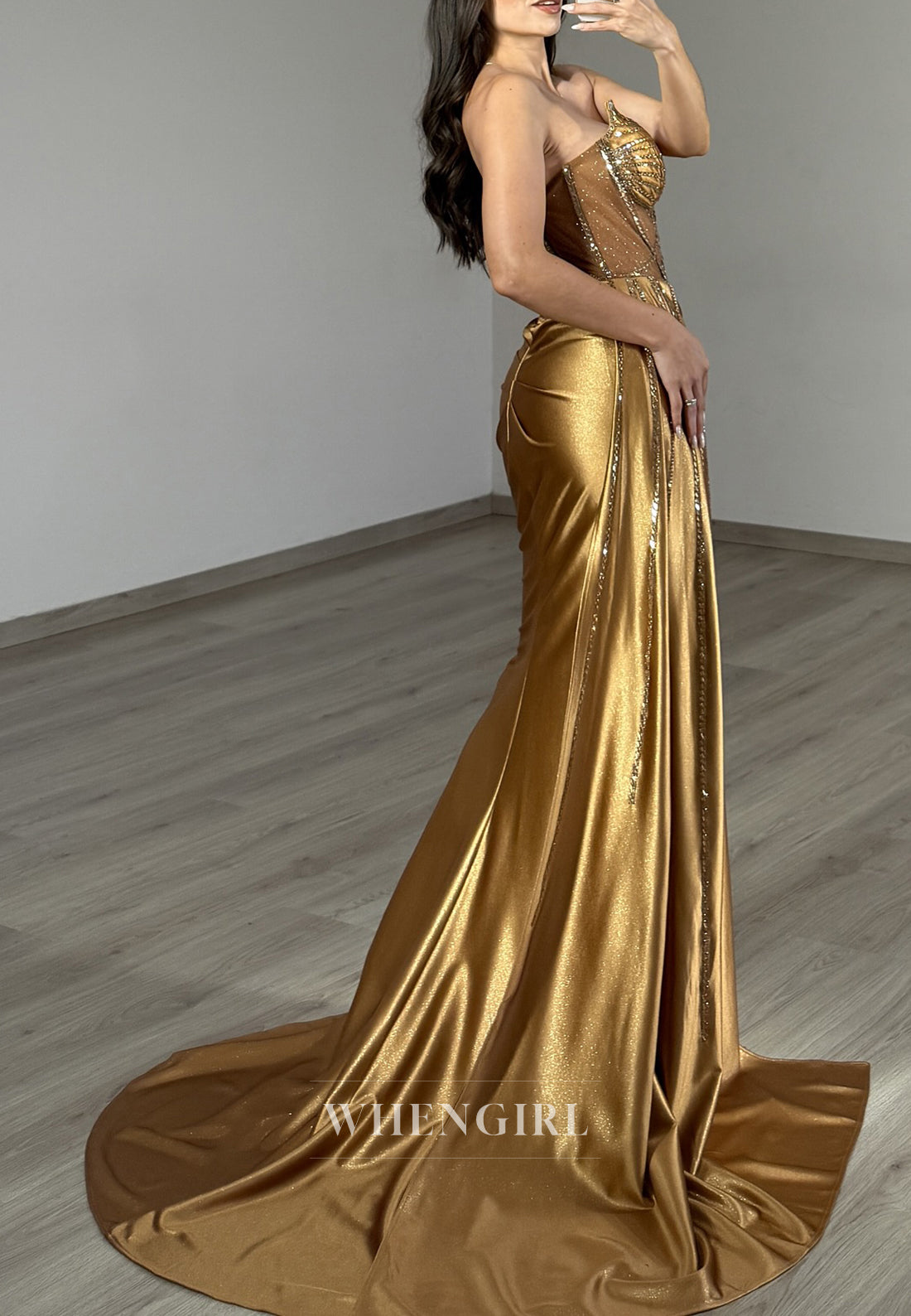 Gold Sweetheart Sleeveless Side Slit Beaded Sweep Train Evening Formal Dress