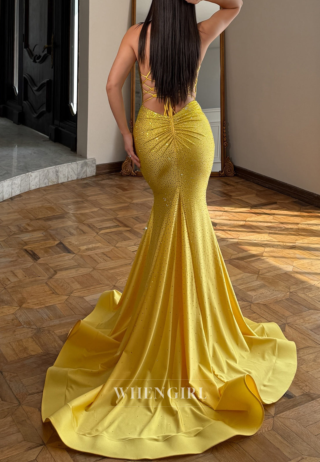 Marigold Mermaid V Neck Spaghetti Straps Beaded Prom Dress