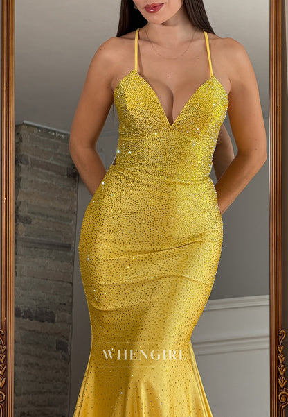 Marigold Mermaid V Neck Spaghetti Straps Beaded Prom Dress