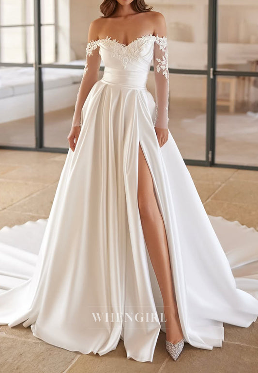 A-Line Satin Side Slit Sweetheart Appliqued Lace Sleeve V Back Wedding Dress with Train