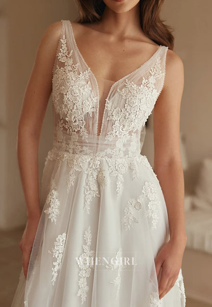 A-line V Neck Tulle Appliqued Beach Wedding Dresses with Train