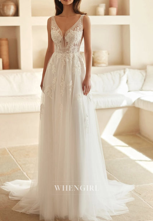 A-line V Neck Tulle Appliqued Beach Wedding Dresses with Train