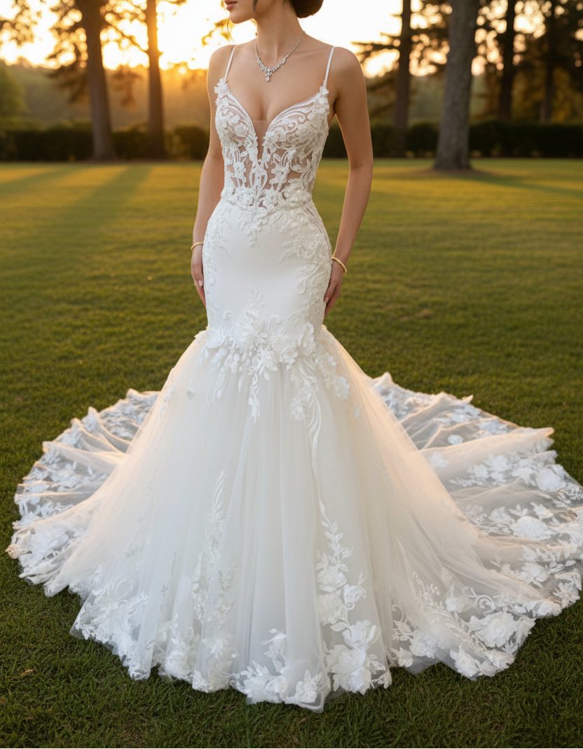 Mermaid Appliqued Floral Lace Up Spaghetti Straps Wedding Dress