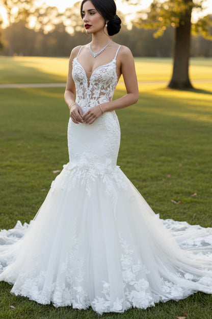 Mermaid Appliqued Floral Lace Up Spaghetti Straps Wedding Dress