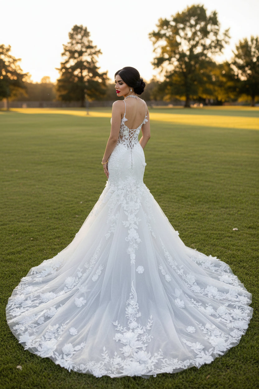 Mermaid Appliqued Floral Lace Up Spaghetti Straps Wedding Dress