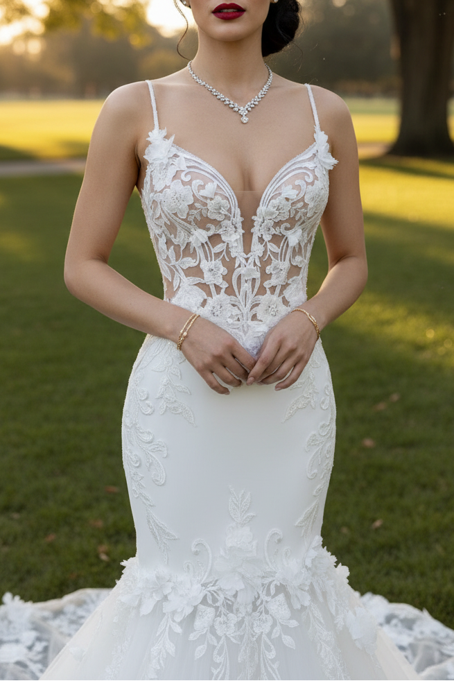 Mermaid Appliqued Floral Lace Up Spaghetti Straps Wedding Dress