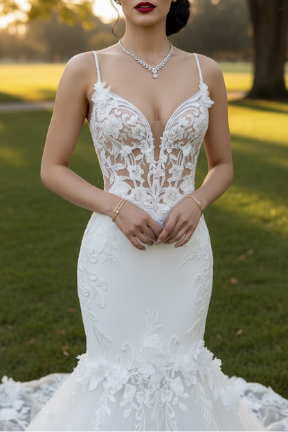 Mermaid Appliqued Floral Lace Up Spaghetti Straps Wedding Dress
