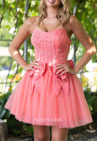 A-line Bowknot Short Sleeveless Strapless Zipper Corset Homecoming Dress