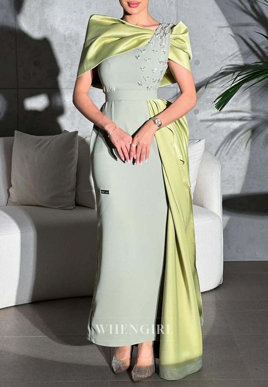 Green Asymmetrical Neck Sheath Beaded Ankle Length Formal Dress Evening Gown with Side Train