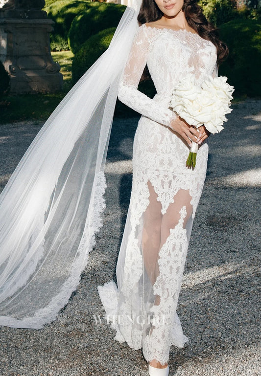 Sheath Bateau Neck Long Sleeves Appliqued Lace Wedding Dress with Sweep Train
