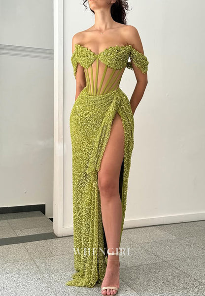 Chic Off-Shoulder Sheath Prom Dress Stripe Pleats Sequin Party Dress with High Slit