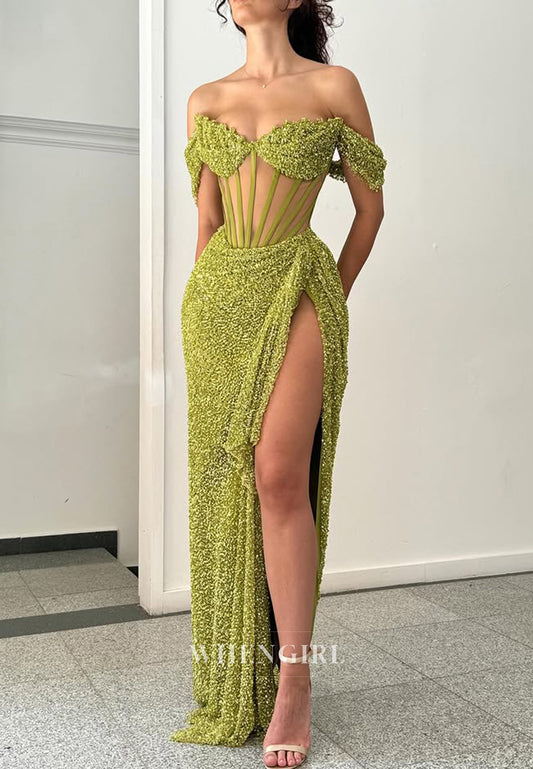 Chic Off-Shoulder Sheath Prom Dress Stripe Pleats Sequin Party Dress with High Slit