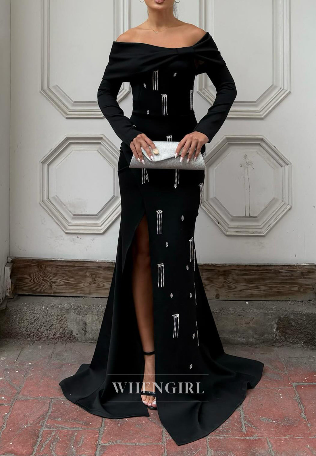 Mermaid Off Shoulder Long Sleeves Side Slit Beaded Evening Formal Gown