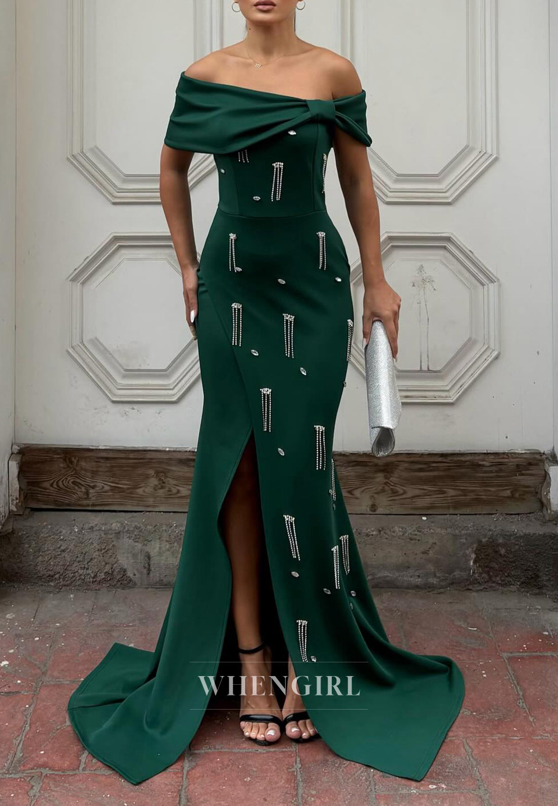 Mermaid Off Shoulder Long Sleeves Side Slit Beaded Evening Formal Gown