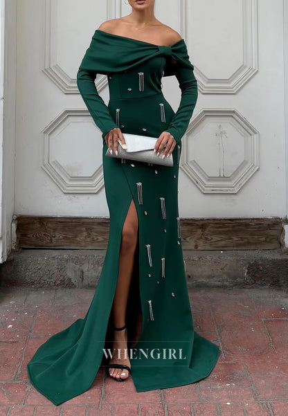Mermaid Off Shoulder Long Sleeves Side Slit Beaded Evening Formal Gown