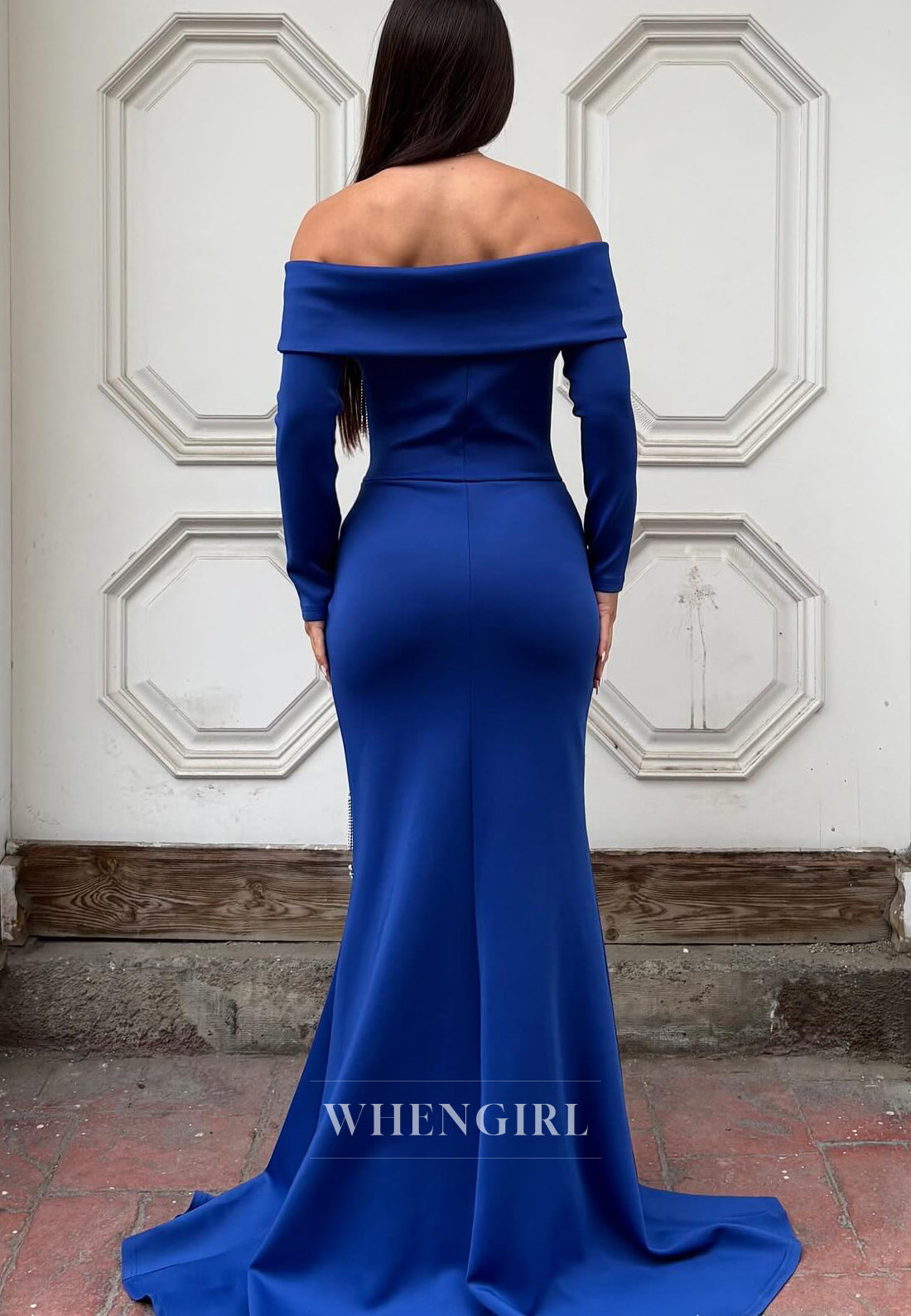 Mermaid Off Shoulder Long Sleeves Side Slit Beaded Evening Formal Gown