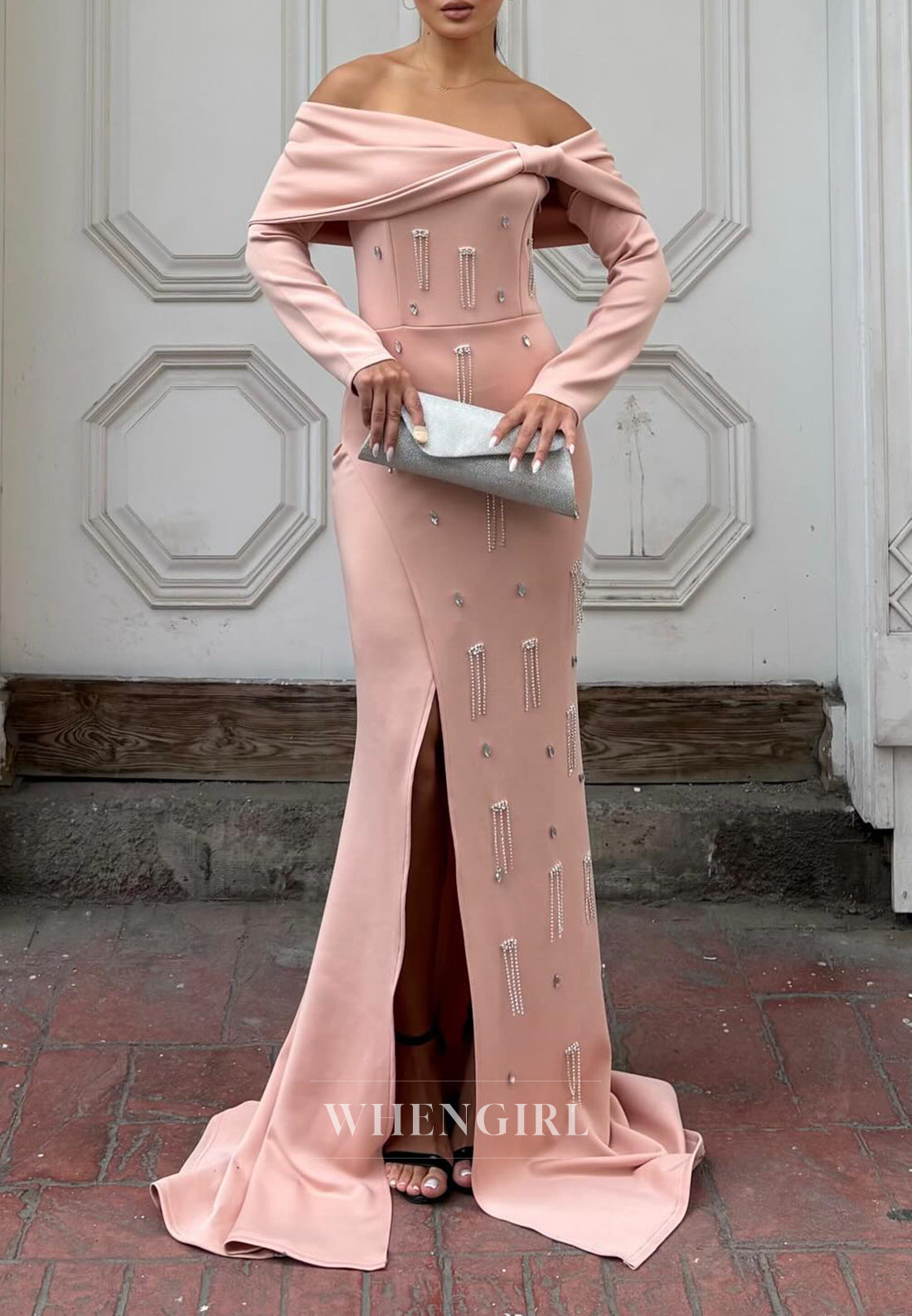 Mermaid Off Shoulder Long Sleeves Side Slit Beaded Evening Formal Gown