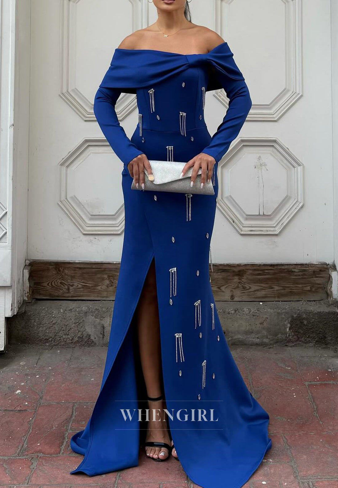 Mermaid Off Shoulder Long Sleeves Side Slit Beaded Evening Formal Gown