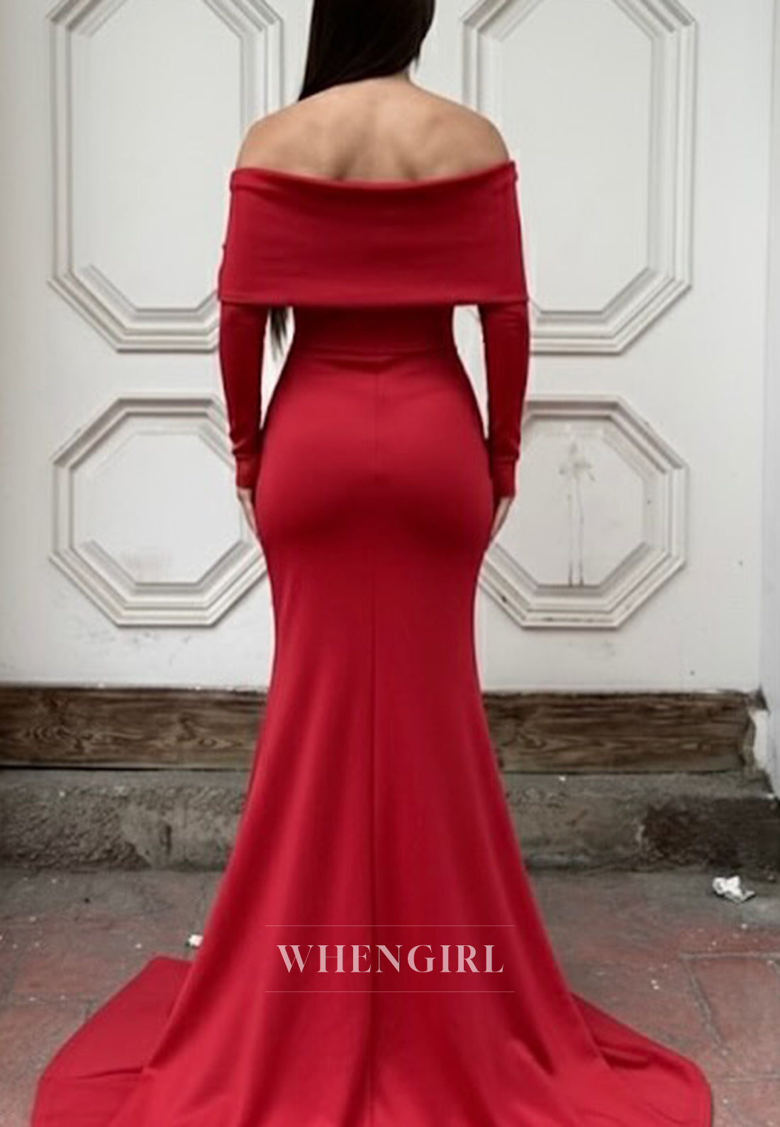 Mermaid Off Shoulder Long Sleeves Side Slit Beaded Evening Formal Gown