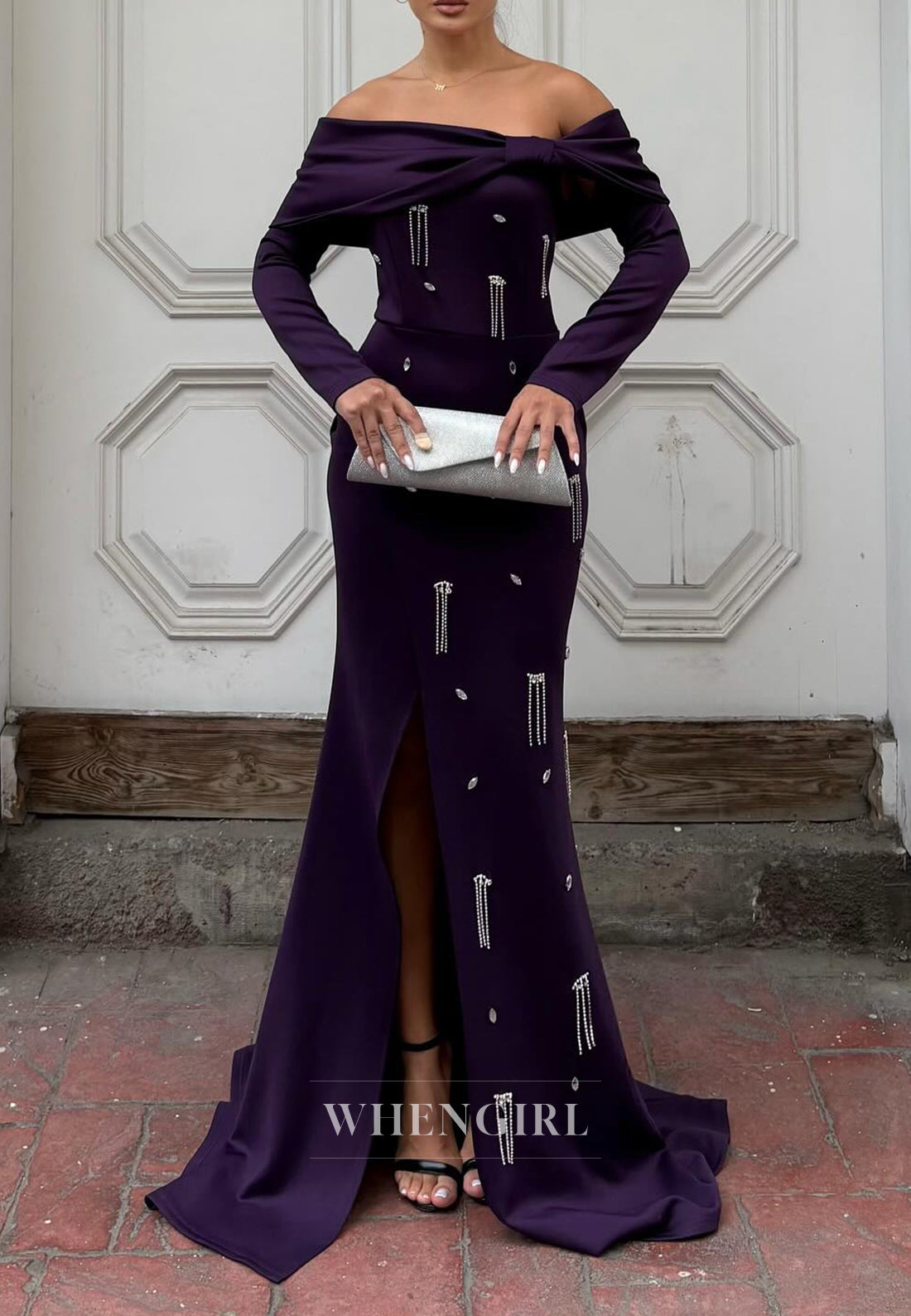 Mermaid Off Shoulder Long Sleeves Side Slit Beaded Evening Formal Gown