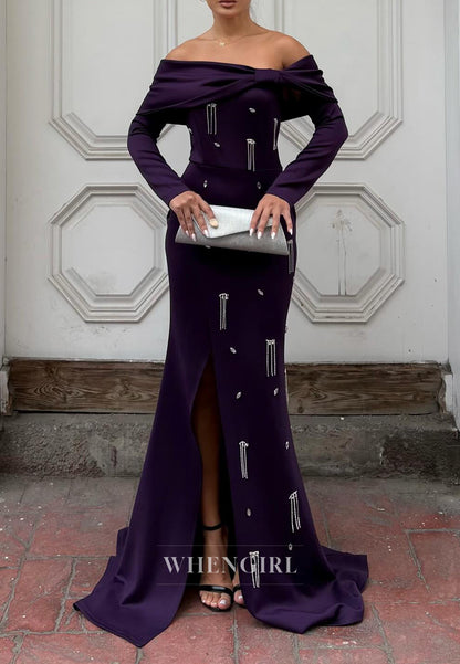 Mermaid Off Shoulder Long Sleeves Side Slit Beaded Evening Formal Gown