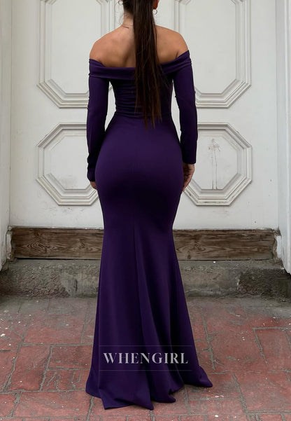 Mermaid Off Shoulder Long Sleeves Beaded Long Floor Length Evening Formal Dress