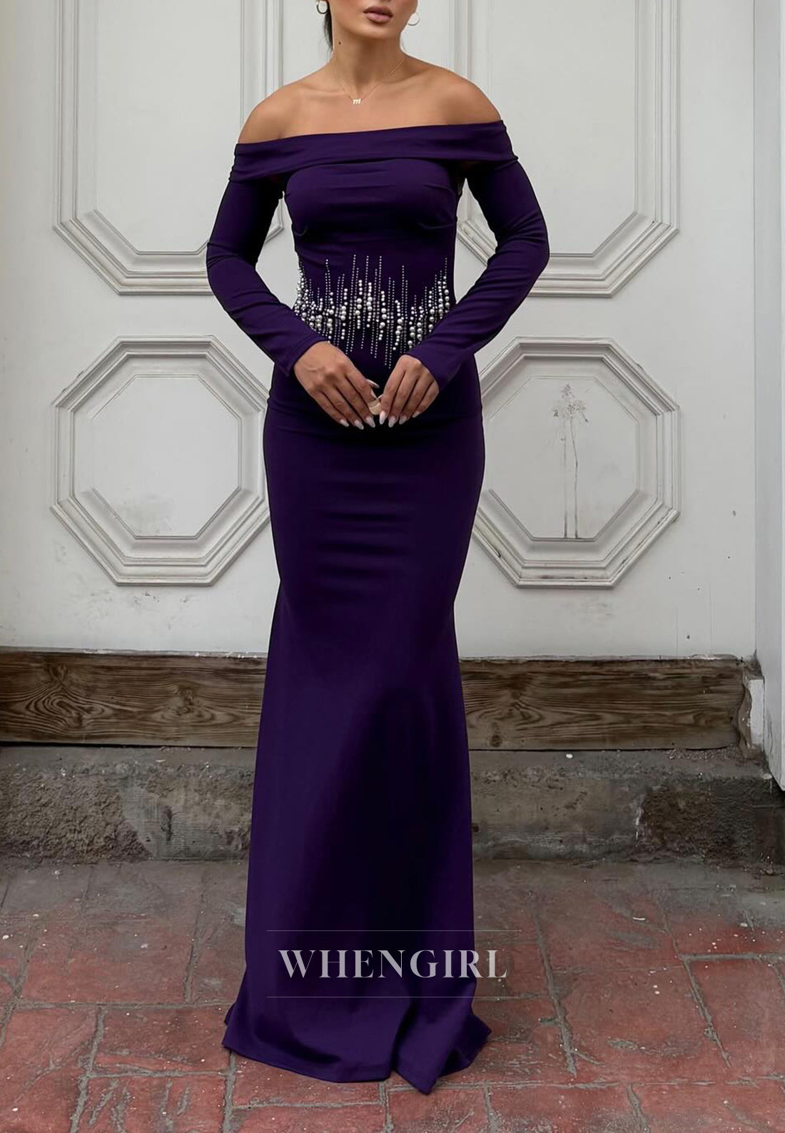 Mermaid Off Shoulder Long Sleeves Beaded Long Floor Length Evening Formal Dress