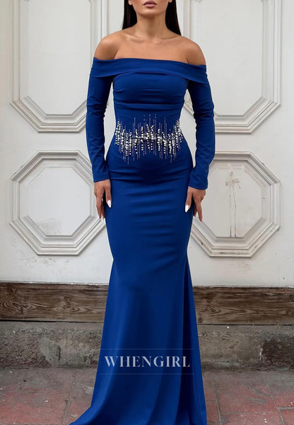 Mermaid Off Shoulder Long Sleeves Beaded Long Floor Length Evening Formal Dress