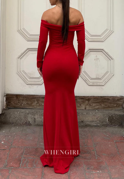Mermaid Off Shoulder Long Sleeves Beaded Long Floor Length Evening Formal Dress