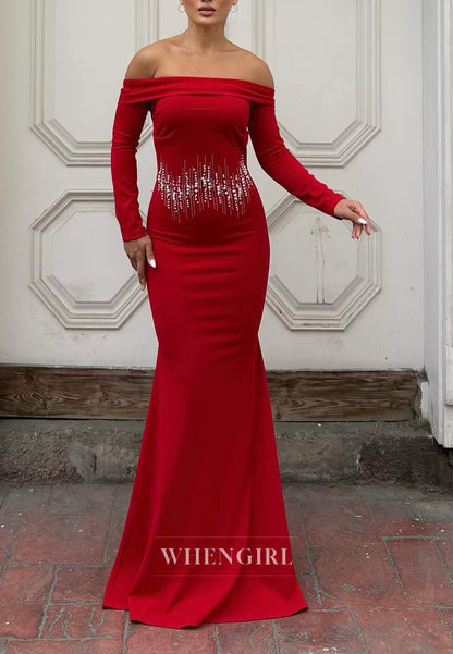 Mermaid Off Shoulder Long Sleeves Beaded Long Floor Length Evening Formal Dress
