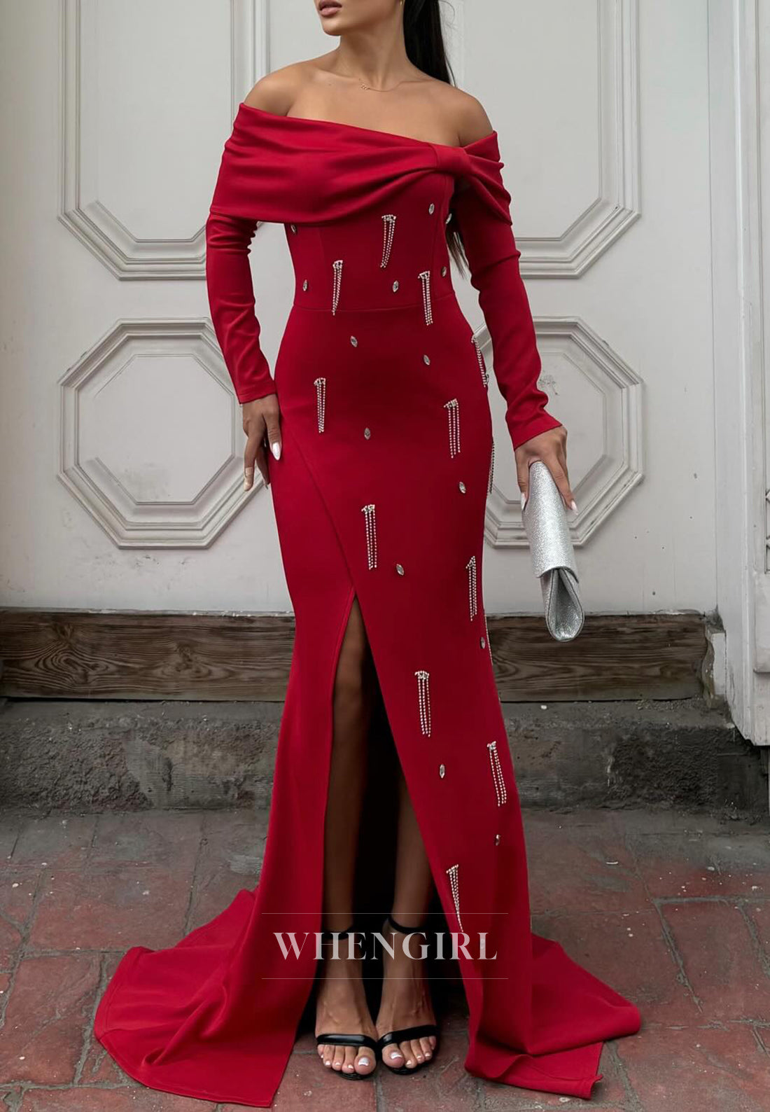 Mermaid Off Shoulder Long Sleeves Side Slit Beaded Evening Formal Gown