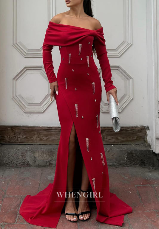 Mermaid Off Shoulder Long Sleeves Side Slit Beaded Evening Formal Gown