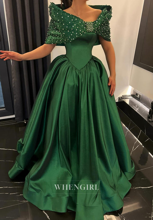 Green Beaded Off Shoulder Ball Gown Short Sleeves Evening Dress Party Gown