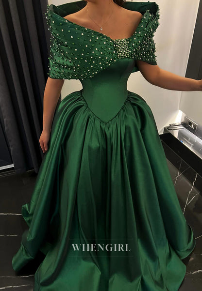 Green Beaded Off Shoulder Ball Gown Short Sleeves Evening Dress Party Gown